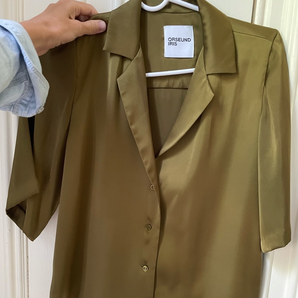 Orseund Iris olive green satin button down worn 2x